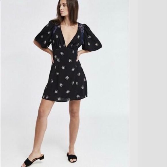 Free People NWT Black Floral Open Back Mini Dress - Picture 2 of 7